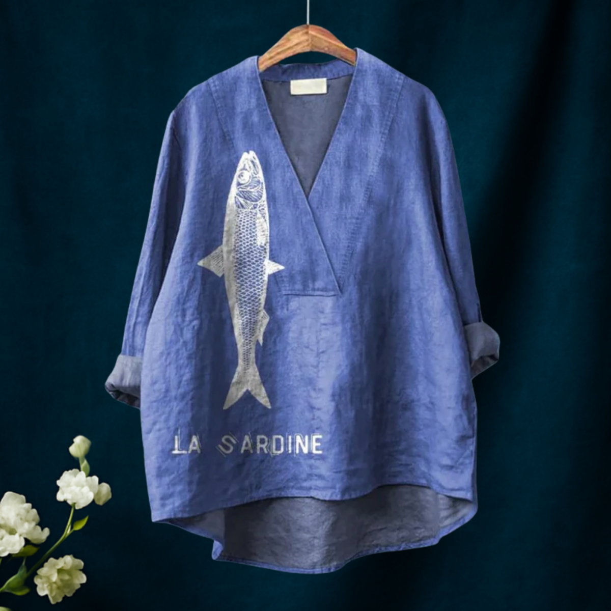 Sardine Fisk Grafikk Trykt Kvinne Casual V-hals Skjorte