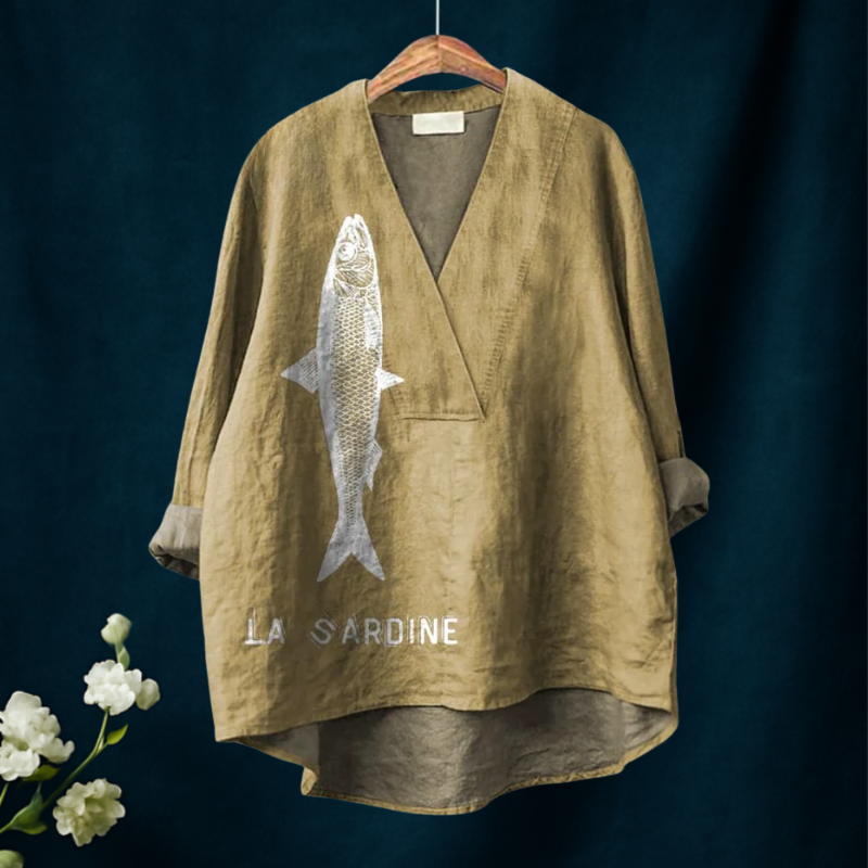 Sardine Fisk Grafikk Trykt Kvinne Casual V-hals Skjorte