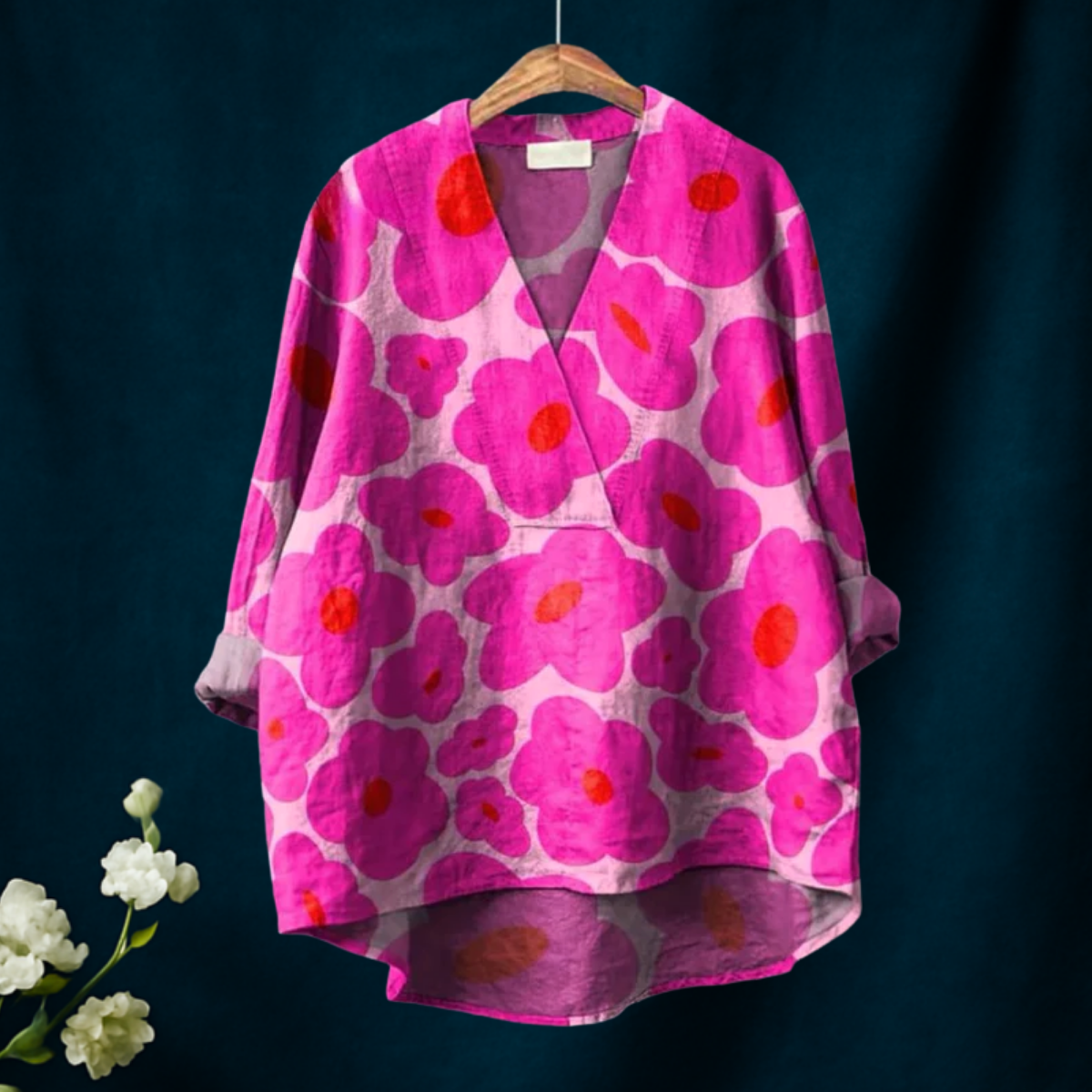 Vibrant Rosa Blomster Mønster Trykt Kvinne Casual V-hals Skjorte