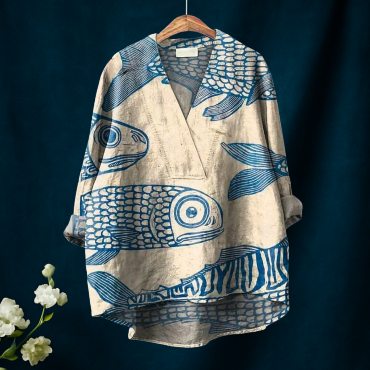 Kvinnes Blå Minimalistisk Linje Fisketrykk Casual V-hals Skjorte