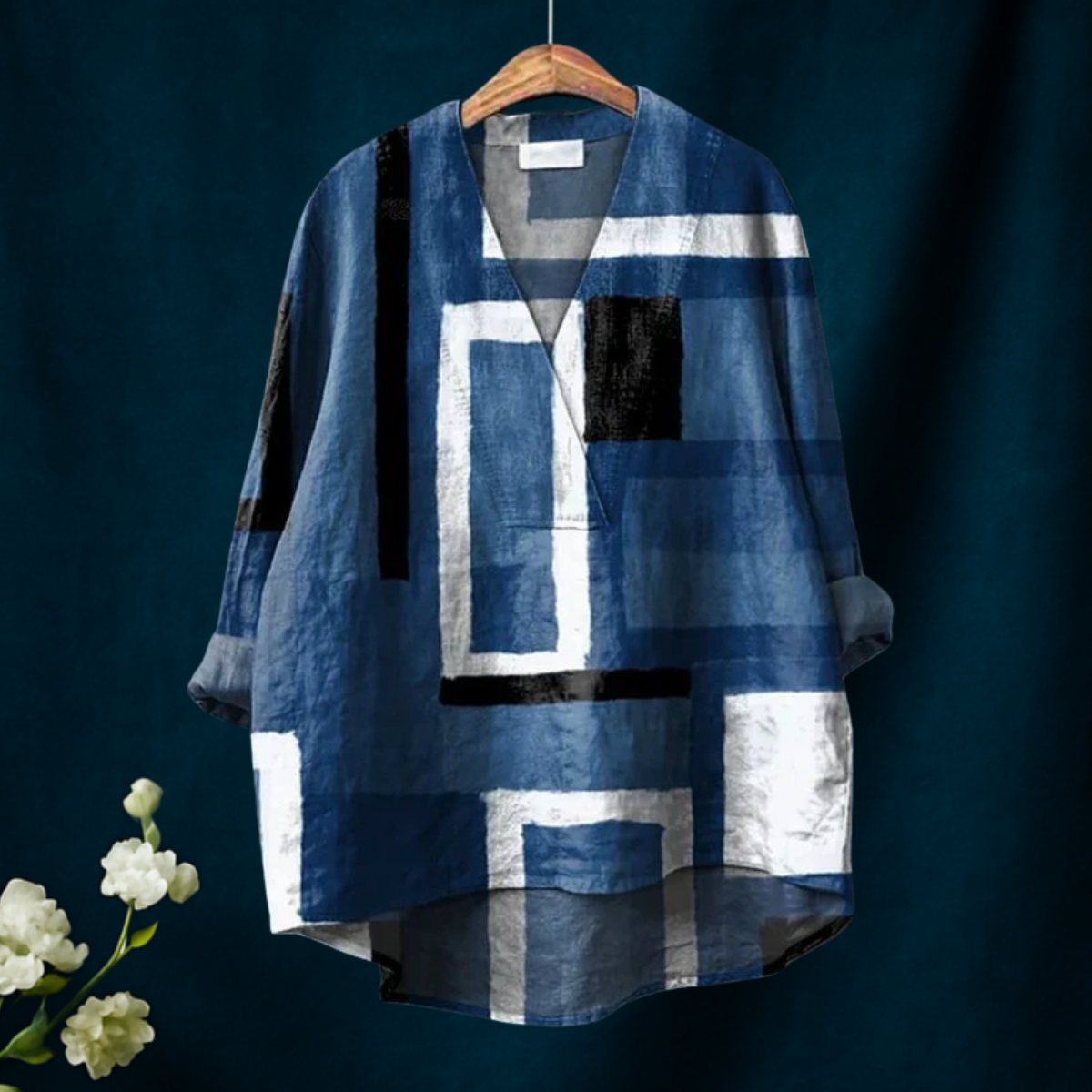 Dame Cowboy Blå Firkant Geometri Trykk Uformell V-hals Skjorte