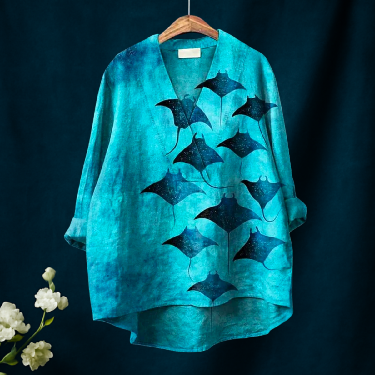 Kvinnes Manta Rays Kunsttrykk Uformell V-hals T-skjorte