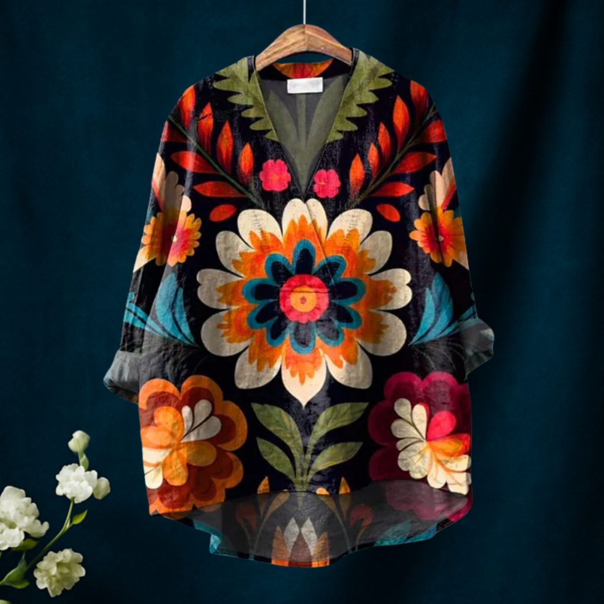 Dame Retro Blomstertrykk Casual V-hals Skjorte