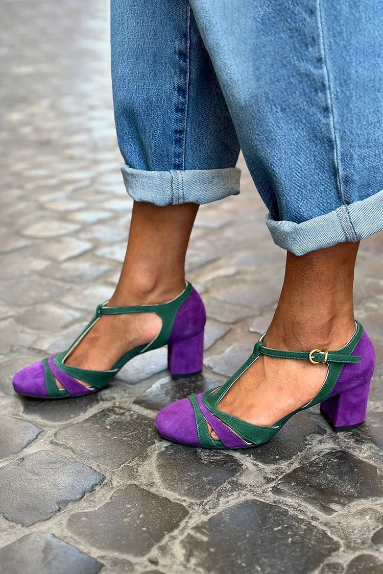 Bergliot | Retro-inspirerte t-rem pumps i lilla og grønt