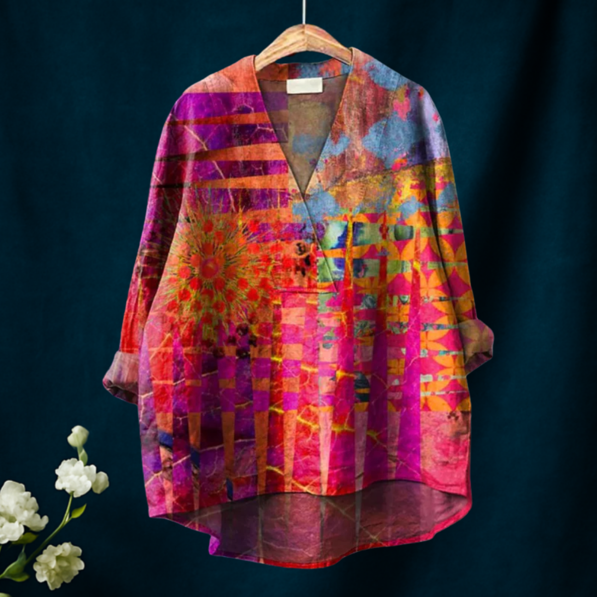 Fargerik Geometrisk Mønstertrykt Kvinne Casual V-hals Skjorte