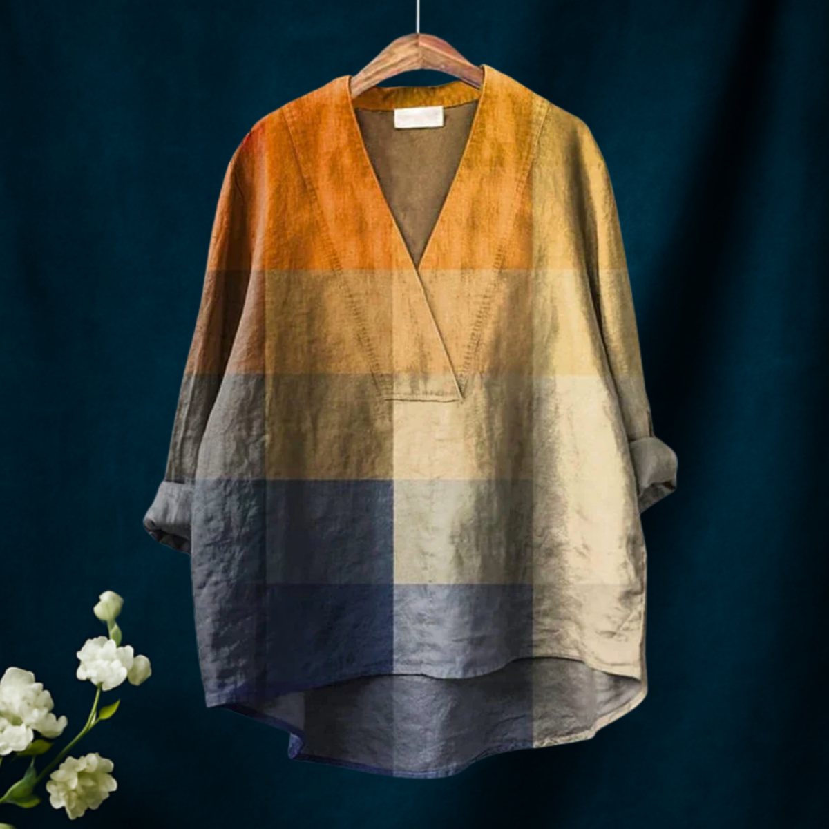 Dame Blå Orange Gradient Rutete Mosaikk Kunsttrykk Casual V-hals Skjorte