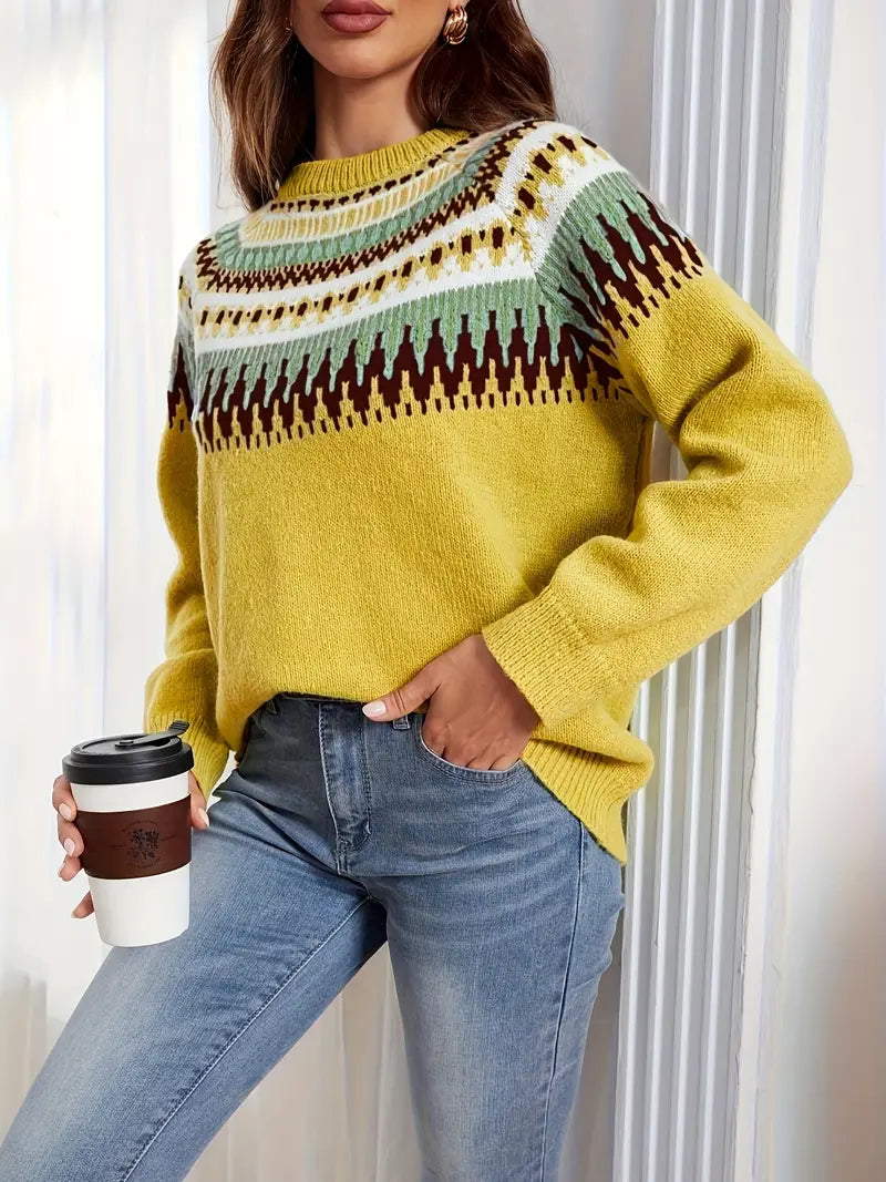 Bold Geo Pattern Sweater med Retro Stil
